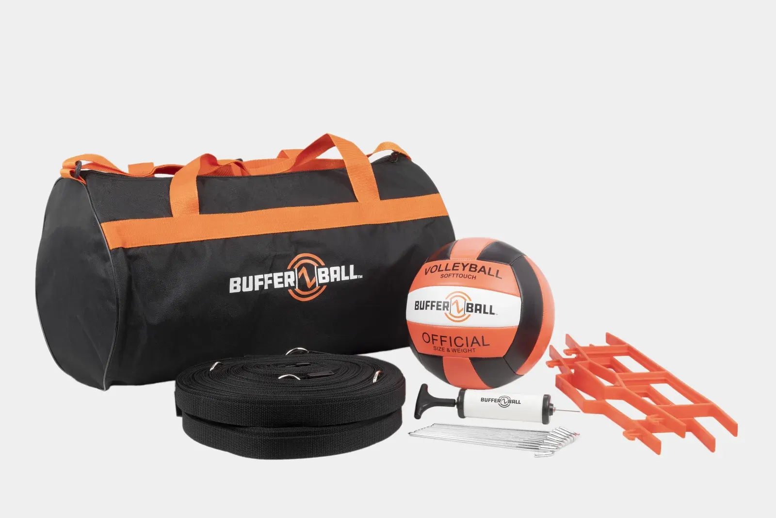 Everything included in the Bufferball Basics kit — carry bag, official ball, pump, stakes, boundary lines, and boundary line winders